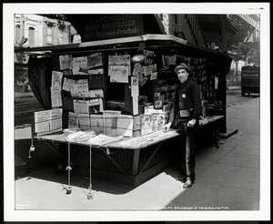 Blind news dealer P.J. McNulty at his stand at the north east corner of 3rd Avenue and 42nd Street, New York, 1926